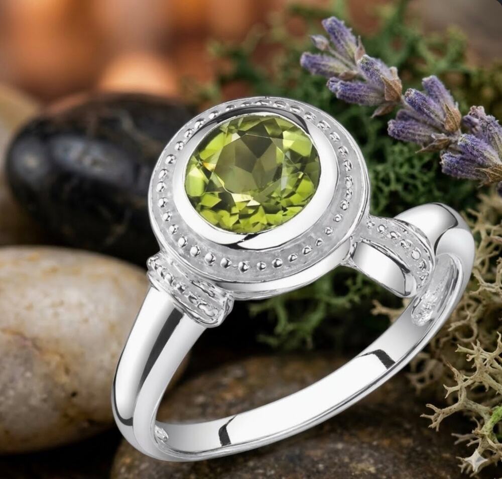 Genuine Peridot Round Solitaire Ring Sterling Silver Bezel Millgrain Split Band
